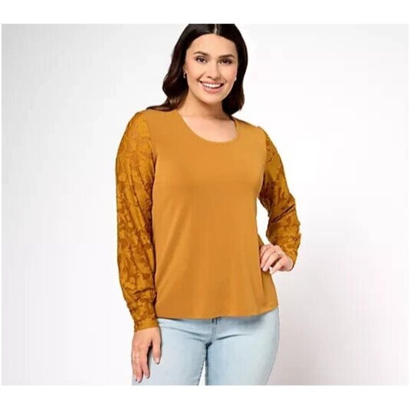 Isaac Mizrahi Live! Pebble Knit Top with Floral Burnout Sleeves Ochre L A609920 - Picture 1 of 1